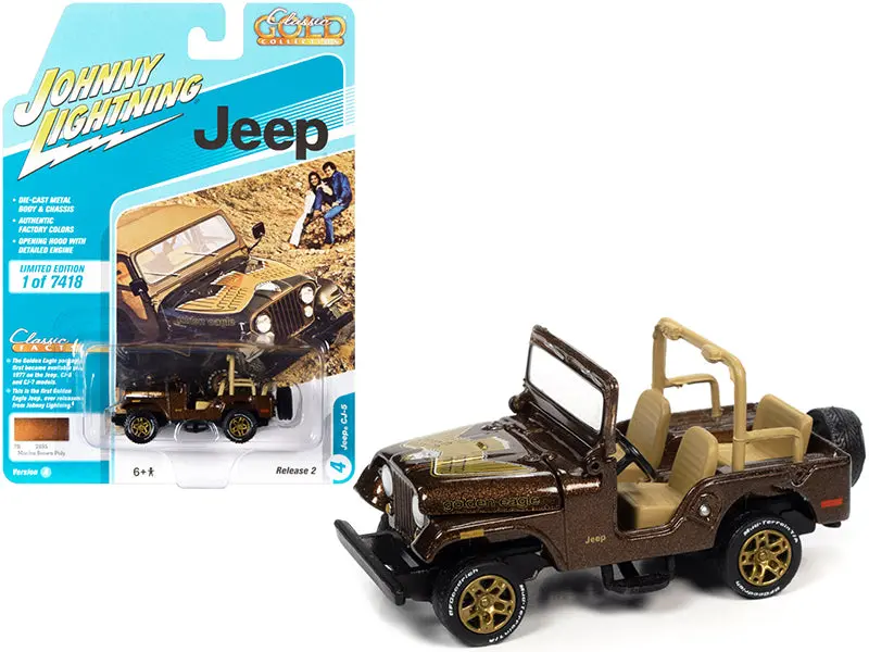 Jeep Cj-5 Mocha Brown Metallic With Golden Eagle Graphics "Classic Gold Collection" Series Limited Edition To 7418 Pieces Worldwide 1/64 Diecast Model Car By Johnny Lightning 1