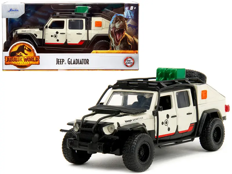 Jeep Gladiator Pickup Truck With Equipment Shell Beige With Graphics "Biosyn Genetics" "Jurassic World Dominion" (2022) Movie "Hollywood Rides" Series 1/32 Diecast Model Car By Jada 1