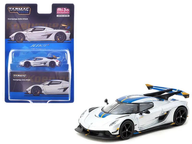 Koenigsegg Jesko Attack Silver Metallic With Blue Stripes "Global64" Series 1/64 Diecast Model By Tarmac Works 1
