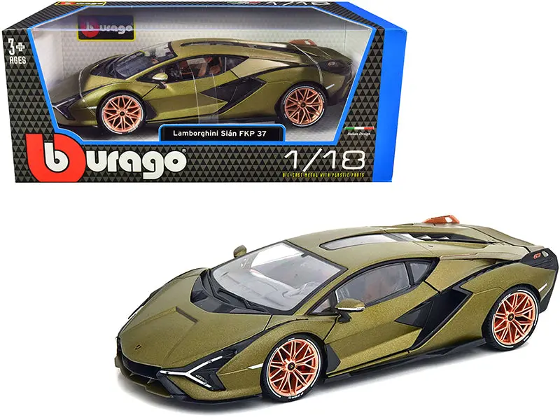 Lamborghini Sian Fkp 37 Matt Green Metallic With Copper Wheels 1/18 Diecast Model Car By Bburago 1