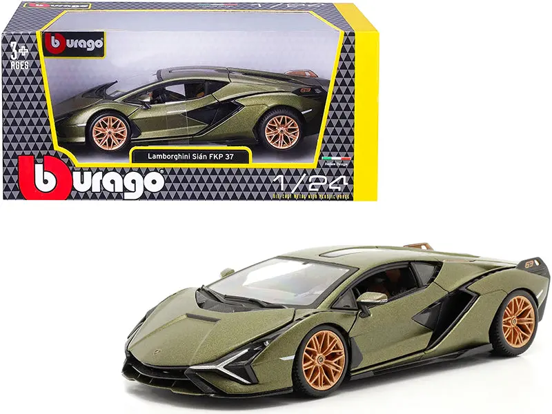 Lamborghini Sian Fkp 37 Matt Green Metallic With Copper Wheels 1/24 Diecast Model Car By Bburago 1