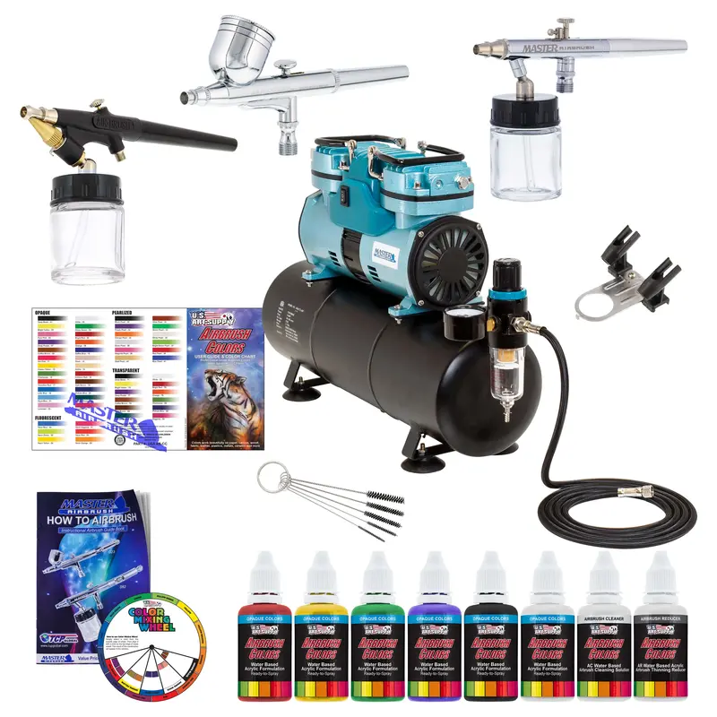 Master Airbrush 1/4 Hp Twin Cylinder Airbrush Kit With Cool Running Air Compressor, 3 Liter Air Storage Tank, 3 Airbrushes, 6 Color Acrylic Paint Set, Air Hose, Brushes & How-To Air Brush Manual 1