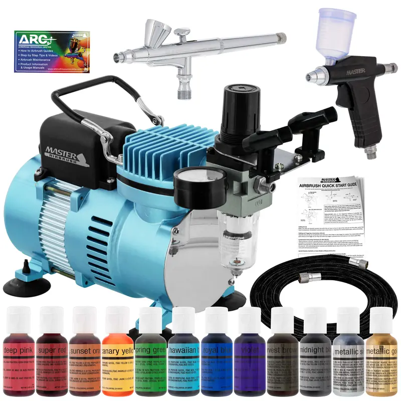 Master Airbrush Cake Airbrush Decorating Kit With Compressor, 2 Gravity Airbrushes, And 12 Chefmaster Food Colors - Air Brush For Cake Decoration & Cookie Airbrush Kit 1