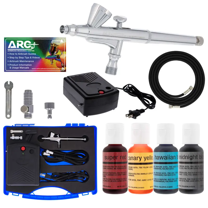 Master Airbrush Cake Airbrush Decorating Kit With Dual-Action Air Brush (G34), Multi-Purpose Mini Air Compressor, 4 Chefmaster Food Colors, Hose, & Storage Case 1