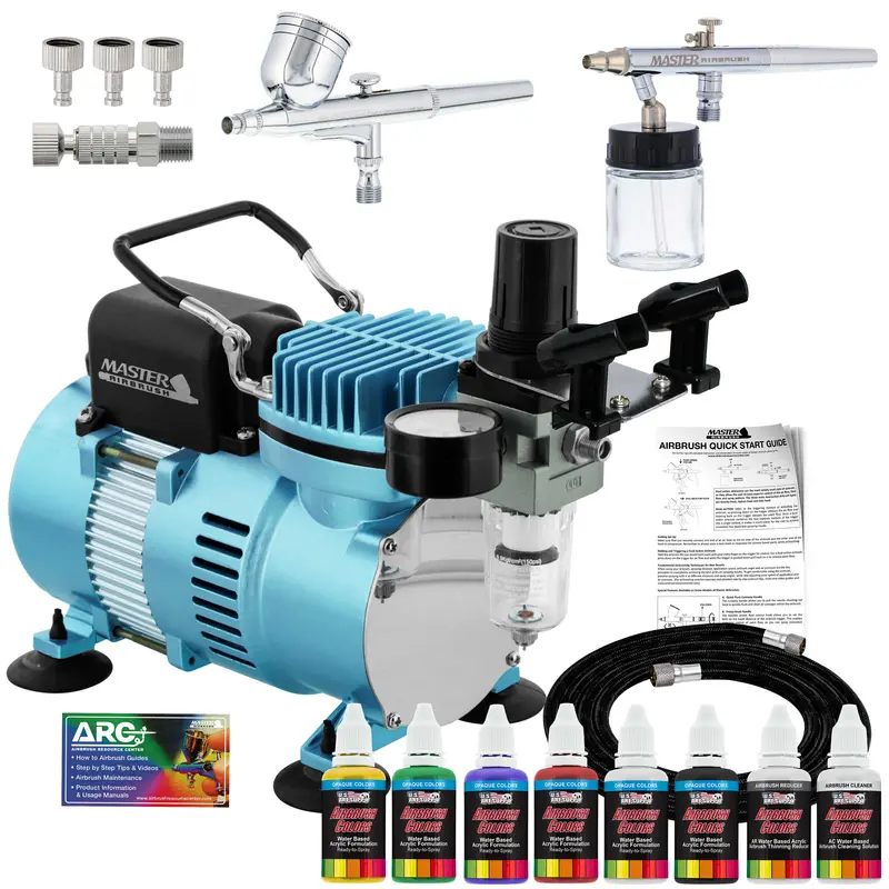 Master Airbrush Cool Runner Ii Air Brush Kit With Air Compressor Dual Fan, Gravity & Siphon Feed Airbrush Set, 6 Color Acrylic Paints Primary Opaque Colors, How-To Guide Manual 1