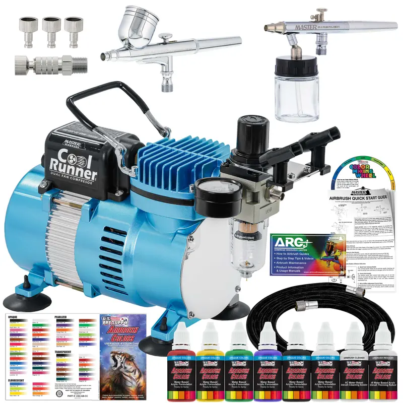 Master Airbrush Cool Runner Ii Air Brush Kit With Dual Fan Compressor & 2 Airbrushes - Includes 6 Primary Acrylic Paint Colors Artist Set, How-To Guide, Color Chart & Hose 1