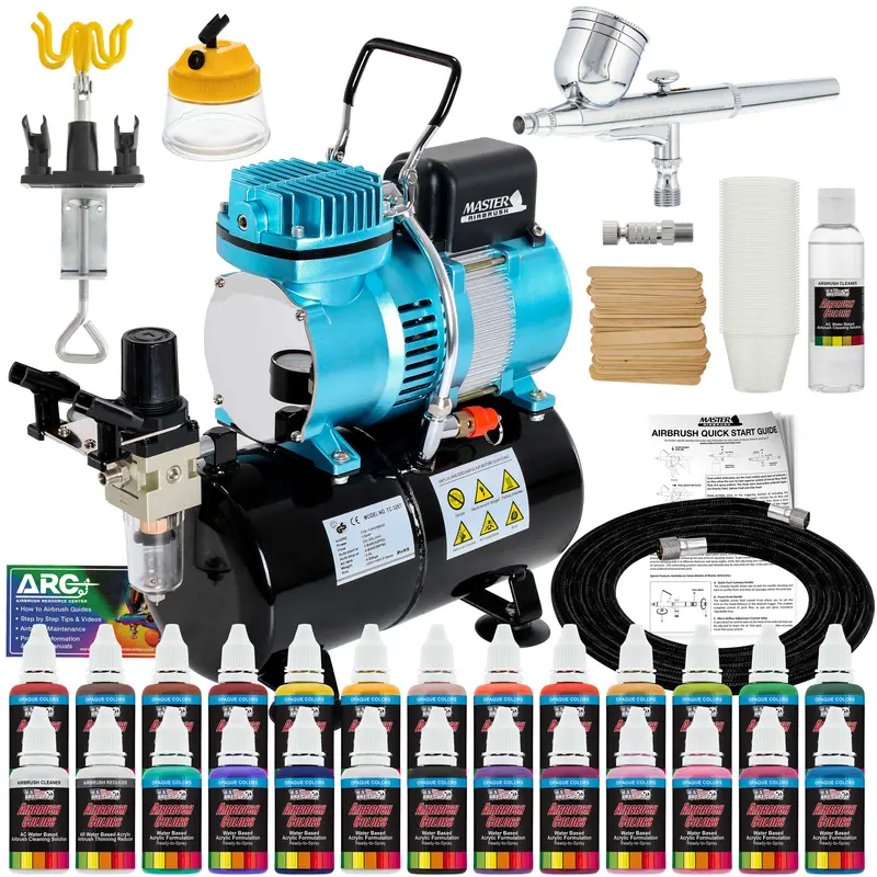 Master Airbrush Cool Runner Ii Airbrush Kit With Compressor Dual Fan - Air Brush Painting Set Includes Gravity Feed Air Brush, 24 Acrylic Colors, Hose, Holder, Cleaning Pot, Mixing Cups Sticks, Manual 1