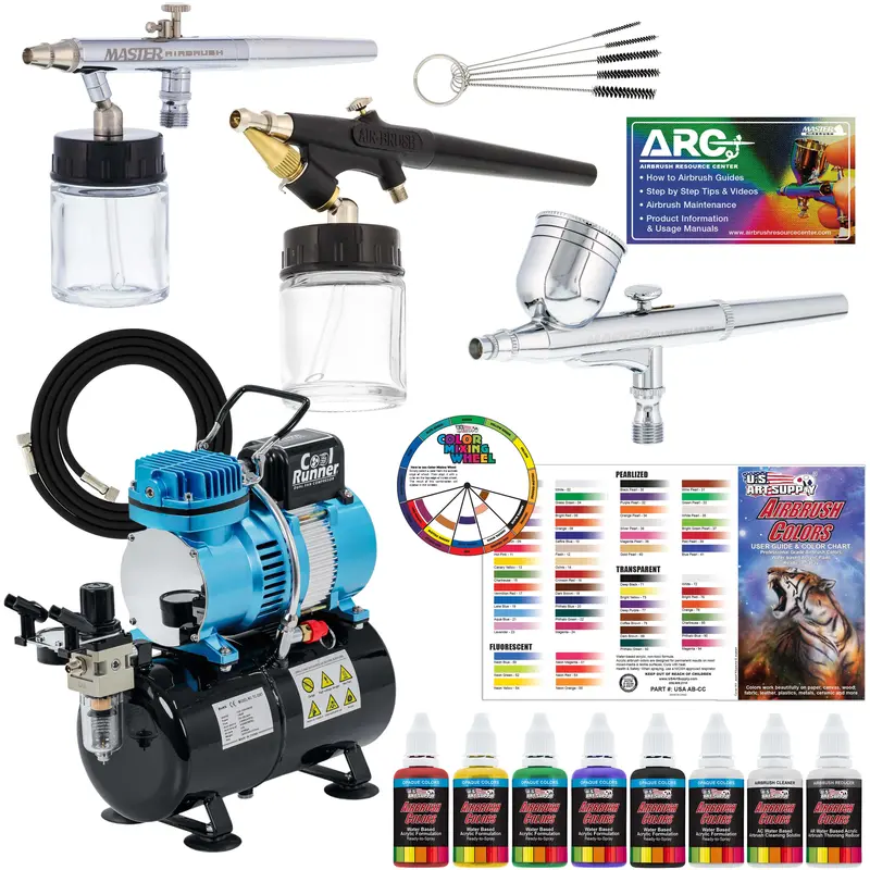 Master Airbrush Cool Runner Ii Airbrush Kit With Dual Fan Air Compressor, 3 Liter Air Storage Tank, 3 Airbrushes, 6 Color Acrylic Paint Set, Brushes & How-To Air Brush Manual, Gravity & Siphon Feed 1
