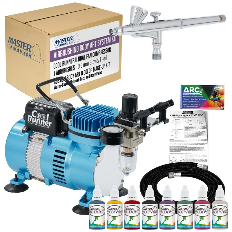 Master Airbrush Cool Runner Ii Airbrush Kit With Dual Fan Air Compressor, 8 Color Water-Based Face & Body Art Paint Set, Pro Gravity Airbrush & Washable Temporary Tattoo, How-To Guide 1