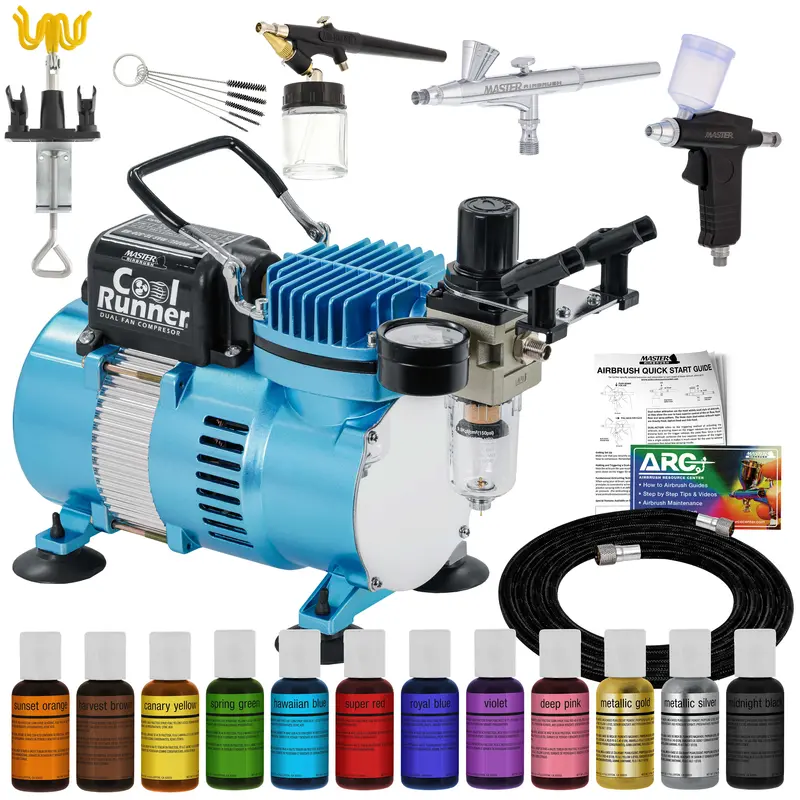Master Airbrush Cool Runner Ii Cake Decorating Airbrush Kit With Dual Fan Air Compressor, 12 Color Chefmaster Food Coloring Set, 3 Airbrushes, Cleaning Brushes, Holder & How-To Air Brush Manual 1