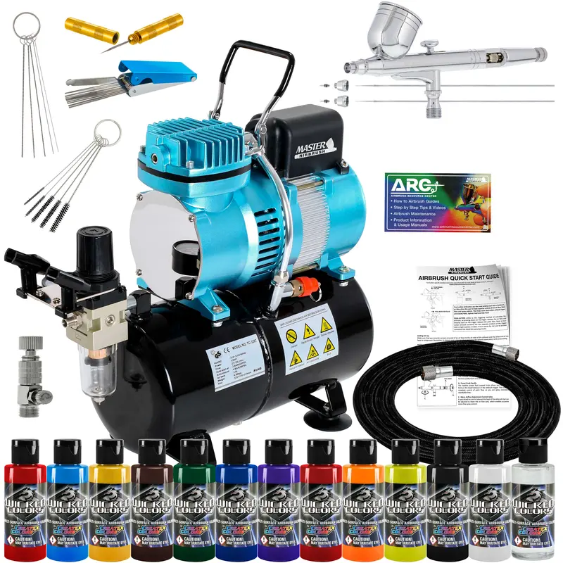 Master Airbrush Cool Runner Ii Dual Fan Air Brush Compressor System - Professional Gravity Airbrush Kit With Compressor, 3 Tips, 12 Createx Wicked Acrylic Paint Colors, Air Brush Cleaning Tools 1