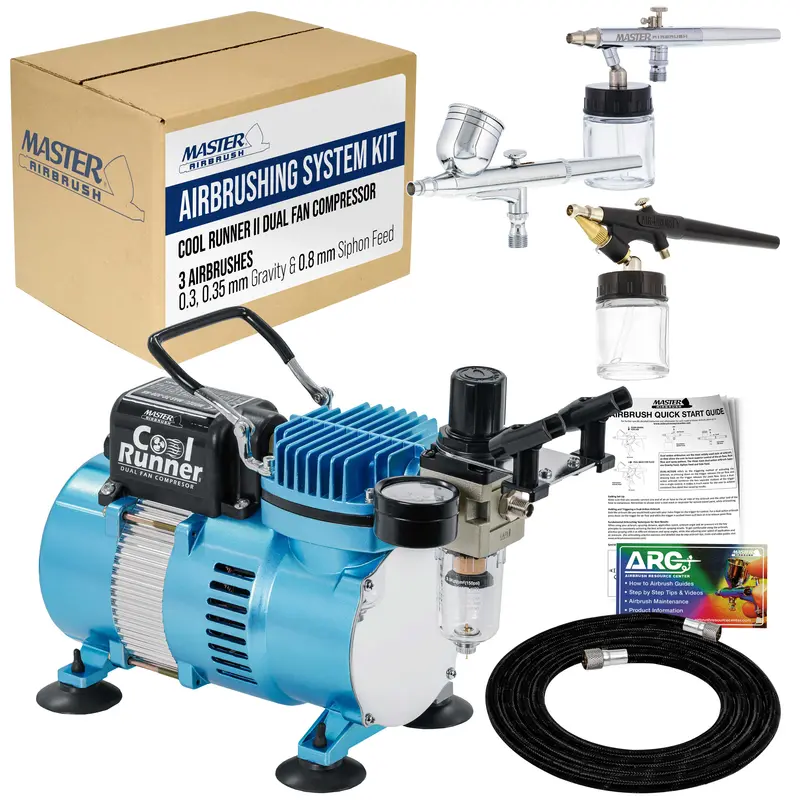 Master Airbrush Cool Runner Ii Dual Fan Airbrushing System Kit - Air Brush Kit With Air Compressor & 3 Airbrushes, 0.3 Mm Gravity & 0.35, 0.8 Mm Siphon Feed, Holder & Learning Guide Manual 1