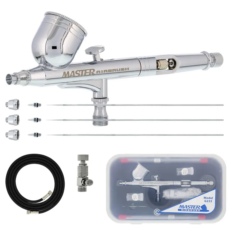 Master Airbrush G233 Performance Pro Airbrush Kit With 3 Nozzle Sets (0.2, 0.3 & 0.5Mm Needles, Fluid Tips & Air Caps) Hose, Dual Action Gravity - Air Brush Gun For Painting, Aerografo Body Art & Cake 1
