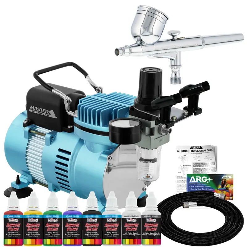 Master Airbrush Multi-Purpose Air Brush Kit With Air Compressor - U.S. Art Supply 6 Primary Opaque Colors Acrylic Paint Artist Set - G22 Gravity Feed Airbrush And Compressor 1