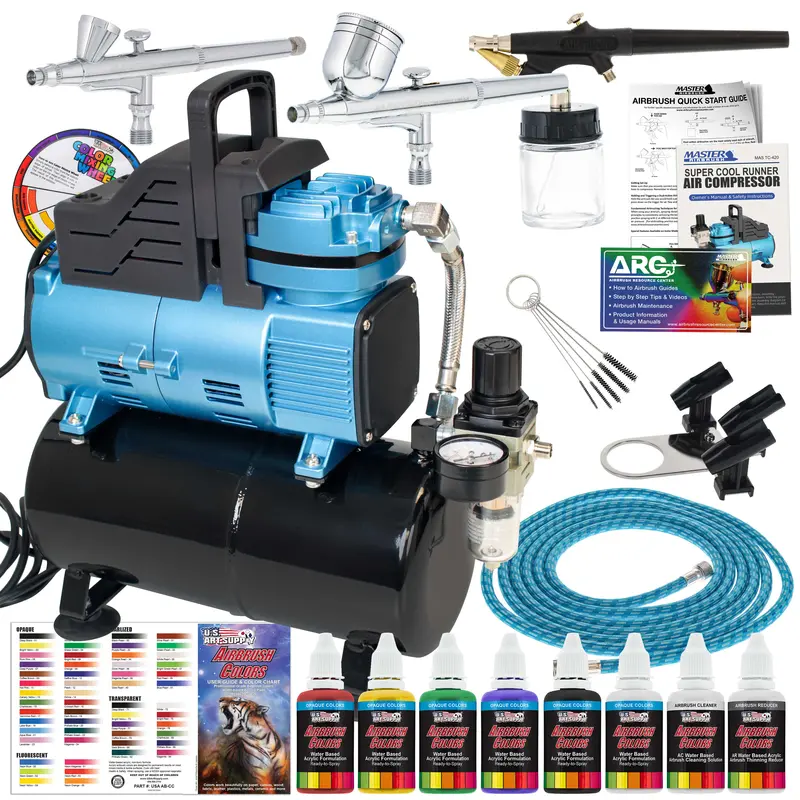 Master Airbrush Super Cool Runner Dual Fan Air Compressor With Storage Tank - Airbrushing System Kit With 3 Airbrushes, 6 Color Acrylic Paint Art Set 1