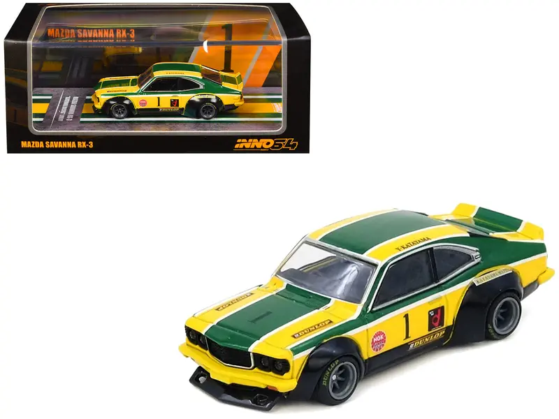 Mazda Rx-3 Savanna Rhd (Right Hand Drive) #1 "Katayama Racing Livery" Green And Yellow Striped 1/64 Diecast Model Car By Inno Models 1