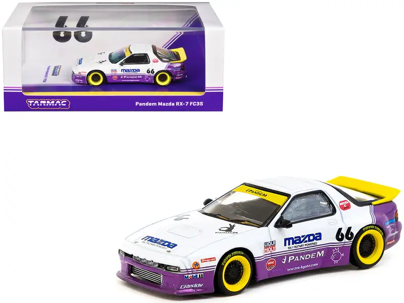 Mazda Rx-7 Fc3s Pandem Rhd (Right Hand Drive) #66 White And Purple With Graphics "Hobby64" Series 1/64 Diecast Model Car By Tarmac Works 1