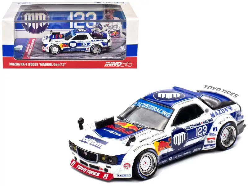 Mazda Rx-7 (Fd3s) Rhd (Right Hand Drive) #123 "Pandem Rocket Bunny Madbul Gen 7.3" White And Blue With Graphics "Madlab Collection 01" 1/64 Diecast Model Car By Inno Models 1