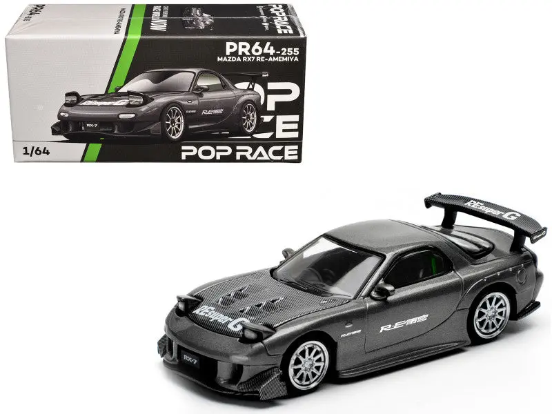 Mazda Rx7 (Fd) "Re Amemiya" Widebody Rhd (Right Hand Drive) Gunmetal Gray Metallic With Carbon Hood 1/64 Diecast Model Car By Pop Race 1