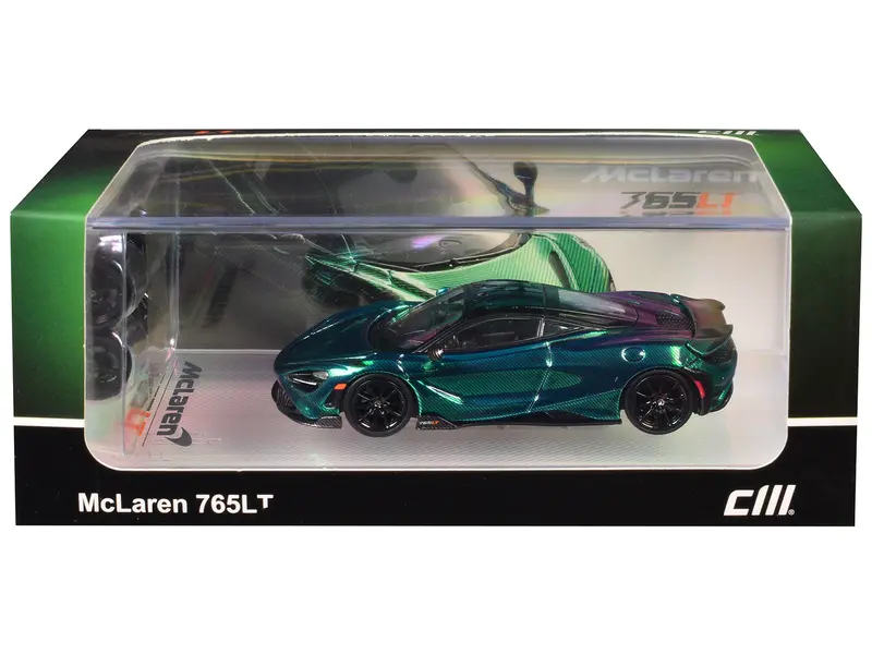 Mclaren 765Lt Green Carbon Metallic With Black Top And Extra Wheels 1/64 Diecast Model Car By Cm Model 1