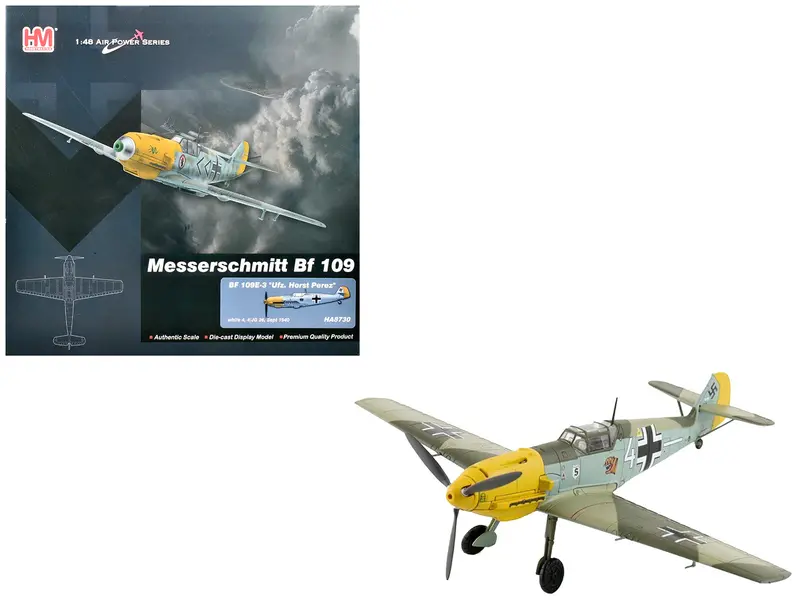 Messerschmitt Bf 109E-3 Fighter Aircraft "White 4 Unteroffizier Horst Perez 4/Jg 26" (1940) German Luftwaffe "Air Power Series" 1/48 Diecast Model By Hobby Master 1