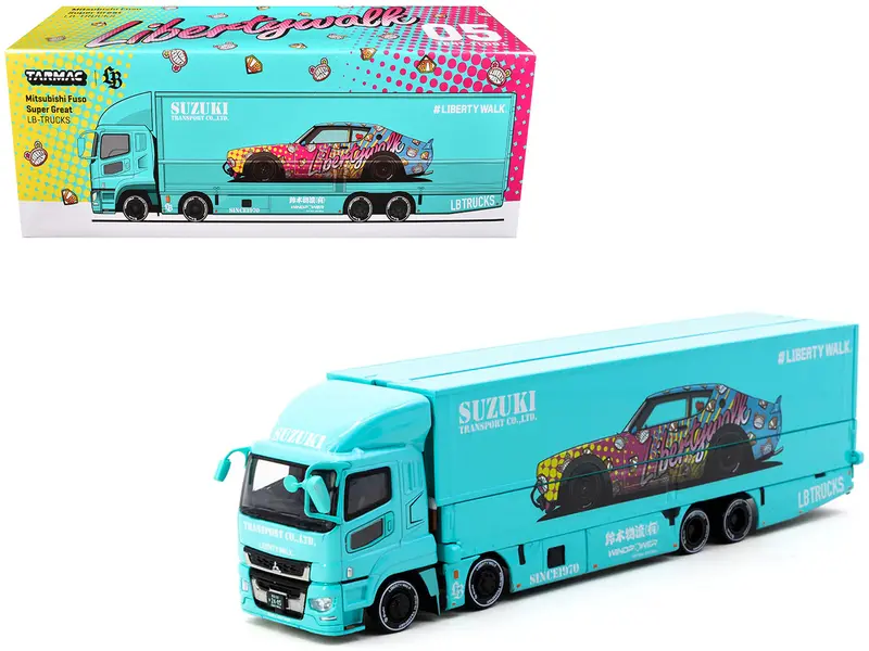 Mitsubishi Fuso Truck With Transporter "Liberty Walk - Suzuki Transport" Light Blue With Graphics "Truck64" Series 1/64 Diecast Model Car By Tarmac Works 1