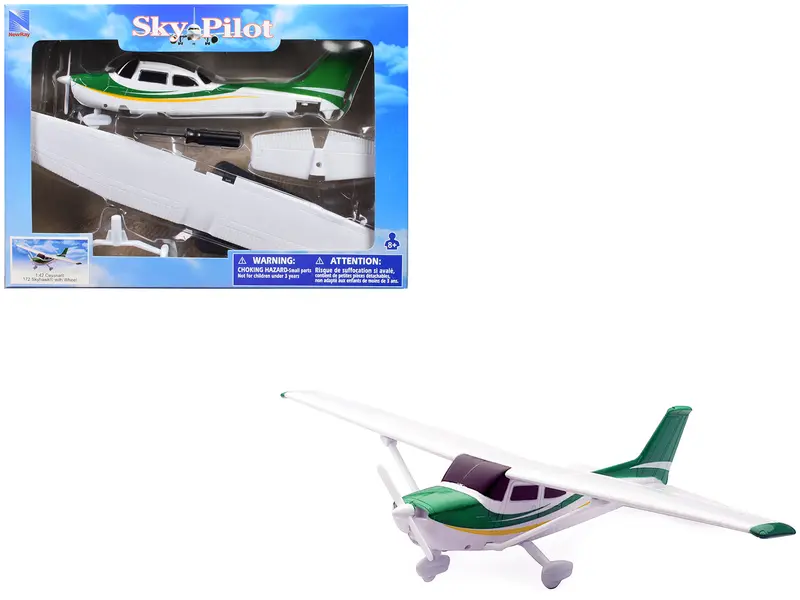 Model Kit Cessna 172 Skyhawk Aircraft White With Green And Yellow Stripes "Sky Pilot" Series 1/42 Plastic Model Kit By New Ray 1