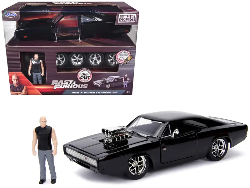 Model Kit Dodge Charger R/T Black And Dom Diecast Figure "Fast & Furious" Movie "Build N' Collect" Series 1/24 Diecast Model Car By Jada 1