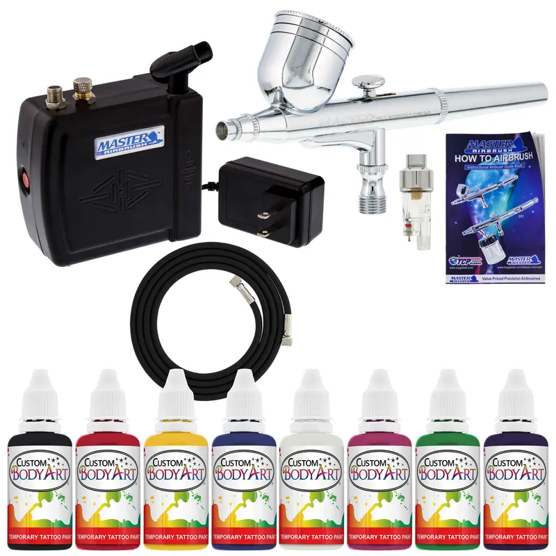 Multi-Purpose Airbrush Kit With Mini Compressor, Dual-Action Gravity Feed Airbrush. Air Hose And 8 Color Tattoo Paint Set 1