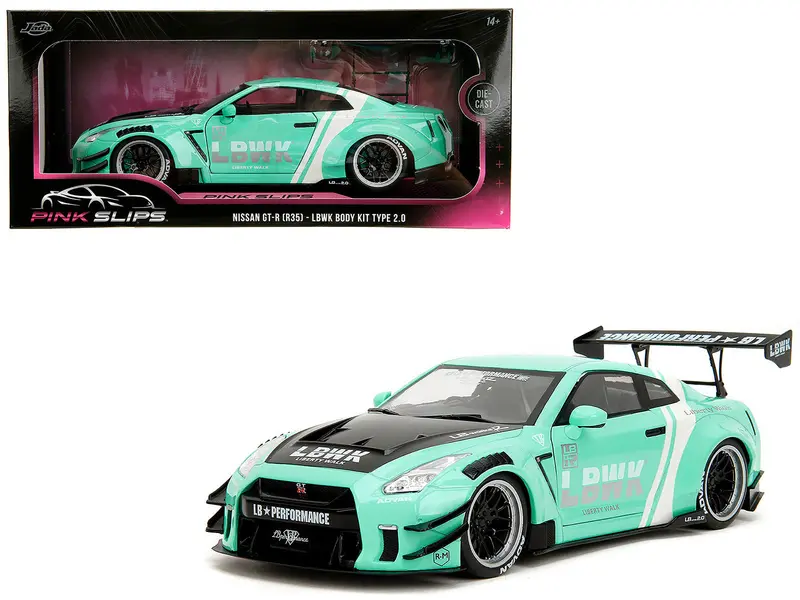 Nissan Gt-R (R35) Liberty Walk Body Kit 2.0 Rhd (Right Hand Drive) Light Blue With Black Hood And White Stripes "Pink Slips" Series 1/18 Diecast Model Car By Jada 1