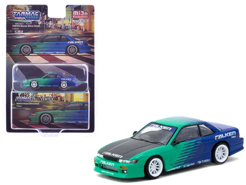 Nissan Silvia (S13) Vertex Rhd (Right Hand Drive) "Falken Tires" Green And Blue Wuth Carbon Hood "Global64" Series 1/64 Diecast Model By Tarmac Works 1