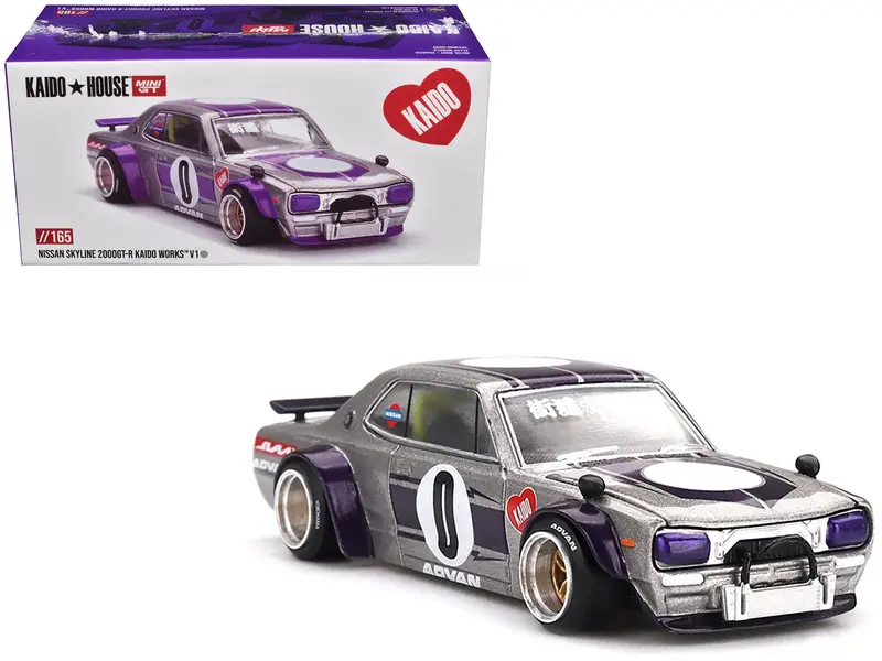 Nissan Skyline 2000Gt-R (Kpgc10) "Kaido Works V1" Rhd (Right Hand Drive) #0 Silver Metallic With Purple Stripes (Designed By Jun Imai) "Kaido House" Special 1/64 Diecast Model Car By Mini Gt 1