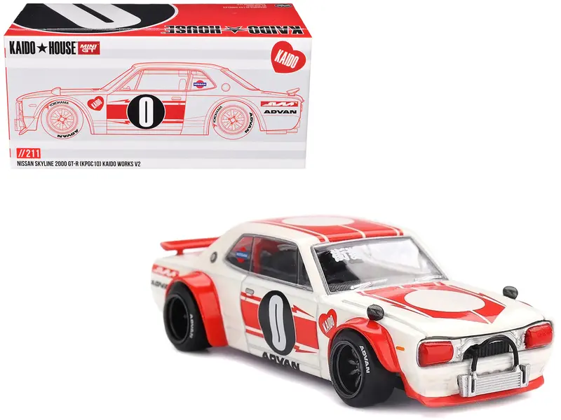 Nissan Skyline 2000Gt-R (Kpgc10) "Kaido Works V2" Rhd (Right Hand Drive) White With Red Stripes (Designed By Jun Imai) "Kaido House" Special 1/64 Diecast Model Car By Mini Gt 1