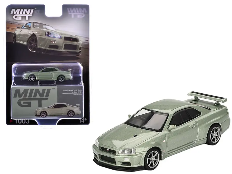 Nissan Skyline Gt-R (R34) V-Spec Ii Nur Rhd (Right Hand Drive) Millenium Jade Metallic Limited Edition 1/64 Diecast Model Car By Mini Gt 1