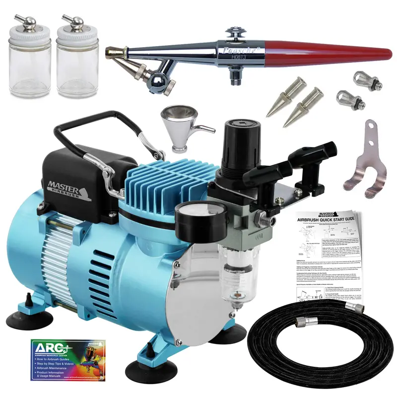 Paasche Airbrush With Dual Fan Compressor Kit Cool Runner Ii With Paasche H Siphon Feed Single-Action Airbrush External Mix All 3 Head Sizes (1, 3 & 5), Hose, Holder, How-To Guide 1