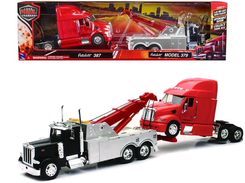 Peterbilt 379 Tow Truck Black With Peterbilt 387 Truck Tractor Red Set Of 2 Pieces 1/32 Diecast Model By New Ray 1