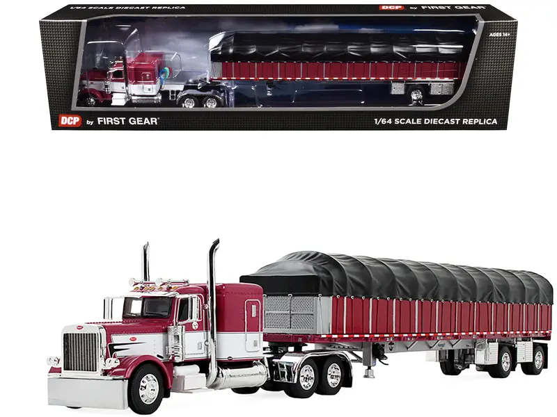 Peterbilt 389 With 63" Flat Top Sleeper And 53’ Wilson Roadbrute Flatbed Trailer With Covered Wagon Maroon With White Stripes 1/64 Diecast Model By Dcp/First Gear 1