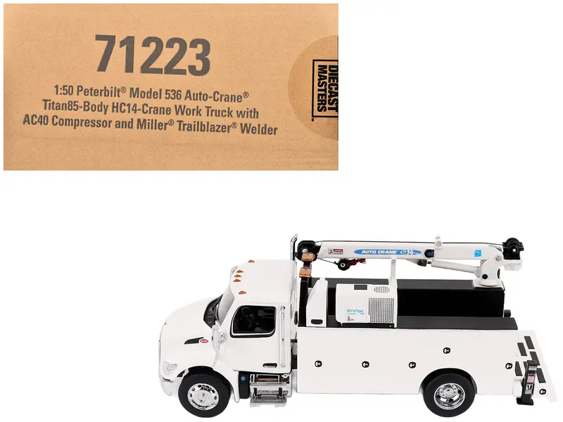Peterbilt 536 Auto-Crane Titan 85-Body Hc14-Crane Work Truck With Miller Enpak White "Transport Series" 1/50 Diecast Model By Diecast Masters 1