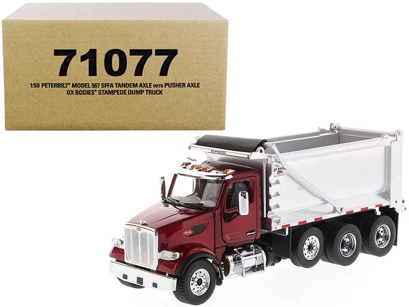 Peterbilt 567 Sffa Tandem Axle With Pusher Axle Ox Stampede Dump Truck Red And Chrome "Transport Series" 1/50 Diecast Model By Diecast Masters 1