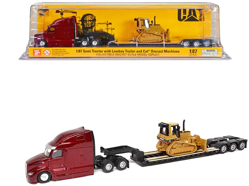 Peterbilt 579 Ultraloft Tandem Tractor Red Metallic With Lowboy Trailer And Cat D5m Dozer Yellow 1/87 (Ho) Diecast Model By Diecast Masters 1