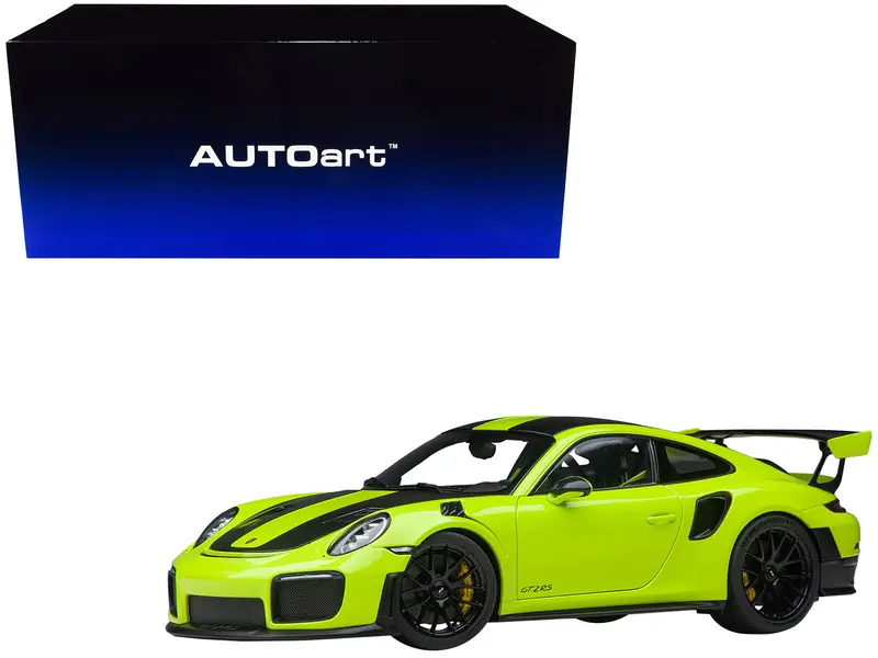Porsche 911 (991.2) Gt2 Rs Weissach Package Acid Green With Carbon Stripes 1/18 Model Car By Autoart 1