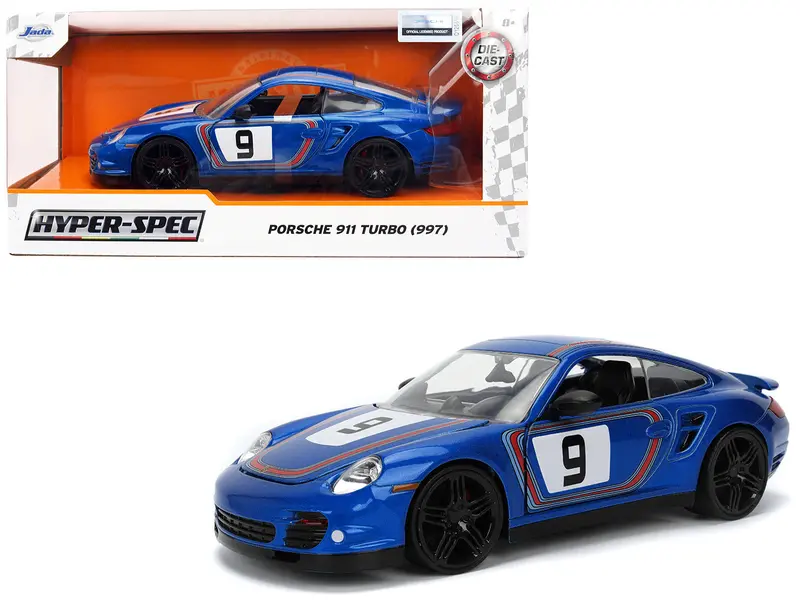 Porsche 911 Turbo (997) #9 Blue Metallic With Stripes "Hyper-Spec" Series 1/24 Diecast Model Car By Jada 1