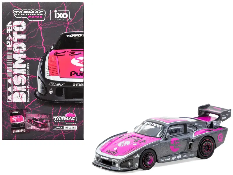 Porsche 935 K3v Bisimoto Gray Metallic With Pink Hood And Top With Tarmac Cards "Hobby64" Series 1/64 Diecast Model By Tarmac Works 1
