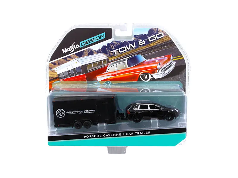Porsche Cayenne Black And Car Trailer Tow & Go 1/64 Diecast Model By Maisto 1