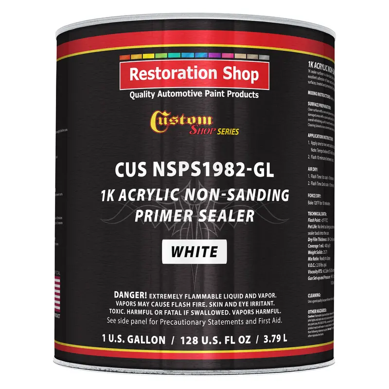 Premium 1K Acrylic Non-Sanding Primer Sealer Paint, Color White, 1 Gallon - Fast Drying, Ready-To-Spray, Apply Over Automotive Primer Surfacers, Sanded Finishes - Topcoat Urethane, Enamel 1