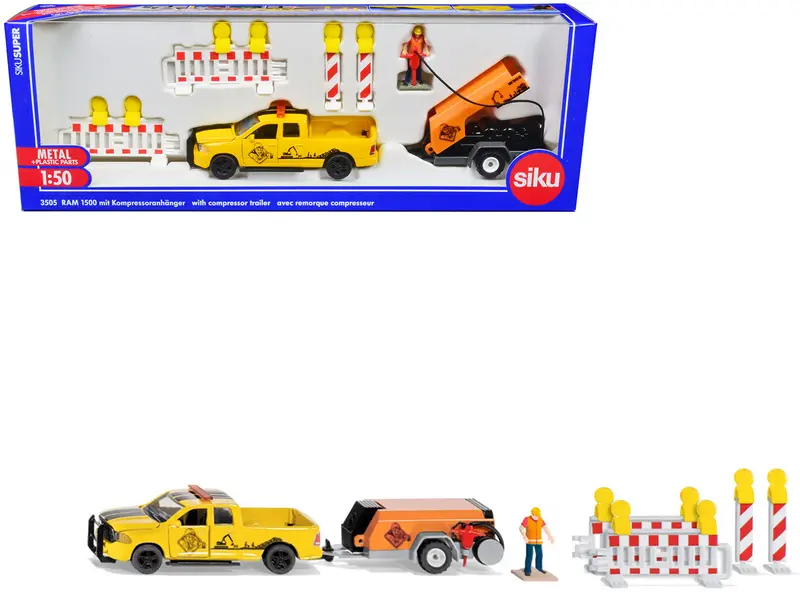 Ram 1500 Pickup Truck Yellow With Compressor Trailer And Worker Figure With Accessories Set 1/50 Diecast Models By Siku 1