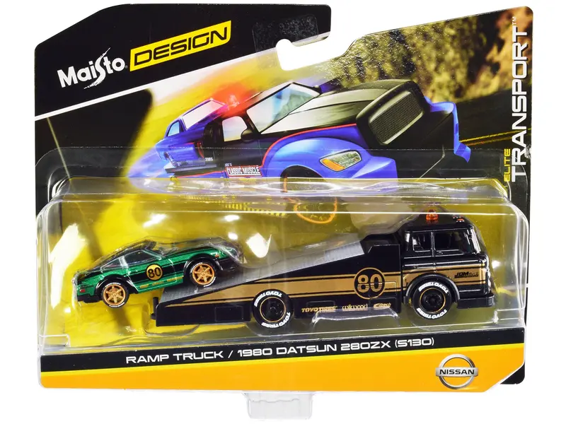Ramp Truck #80 Dark Gray Metallic With Gold Metallic Stripes "Jdm Garage" And 1980 Datsun 280Zx (S130) #80 Green Metallic With Stripes "Elite Transport" Series 1/64 Diecast Models By Maisto 1