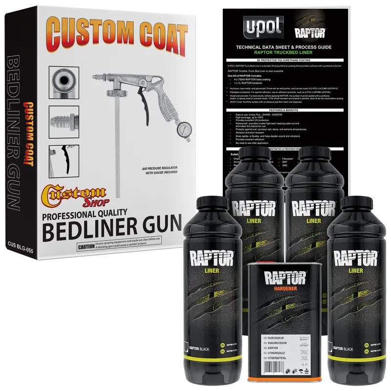 Raptor 1 Gallon Kit - Black Urethane Spray-On Truck Bed Liner Kit Custom Coat Spray Gun With Regulator 1