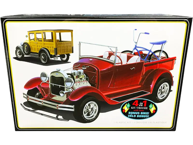 Skill 2 Model Kit 1929 Ford Woody Pickup 4-In-1 Kit With Bike 1/25 Scale Model By Amt 1