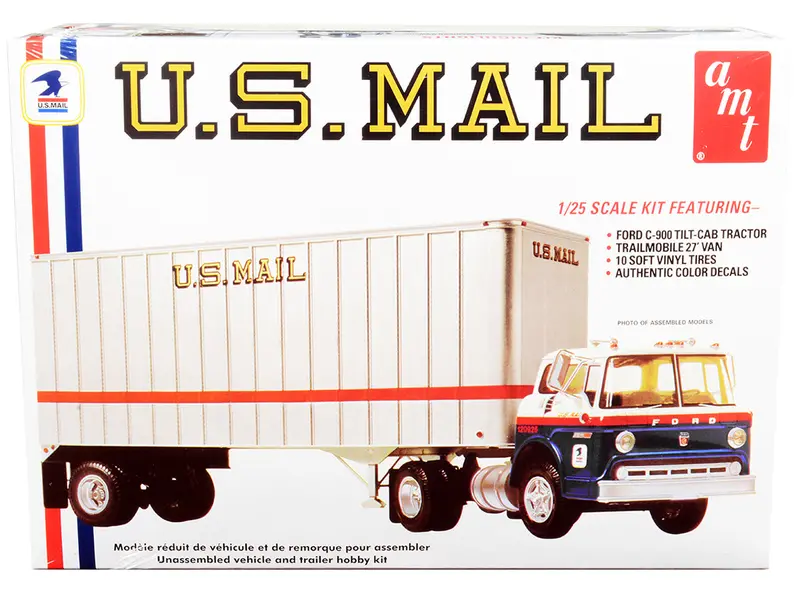 Skill 3 Model Kit Ford C900 Truck Tractor With Trailer "U.S. Mail" 1/25 Scale Model By Amt 1